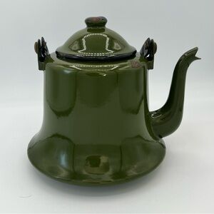 Vintage MCM Avocado Green With Black Trim Japanese Enamel Teapot Kettle Rattan
